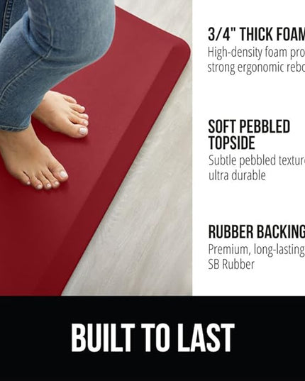 GORILLA GRIP Comfortable Cushioned Kitchen Mats for Floor, Waterproof and Stain Resistant Soft Top, 3/4 Inch Thick Ergonomic Standing Desk Anti Fatigue Mat, Foam Supports Ankles and Feet, 20x32, Red