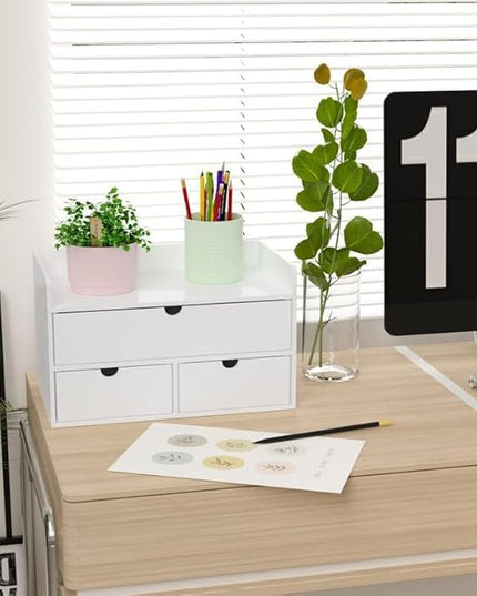 Wisuce Bamboo Desk Organizer - Mini Bamboo Desk Drawer Tabletop Cosmetic Storage Organization for Office or Home White with Shelf