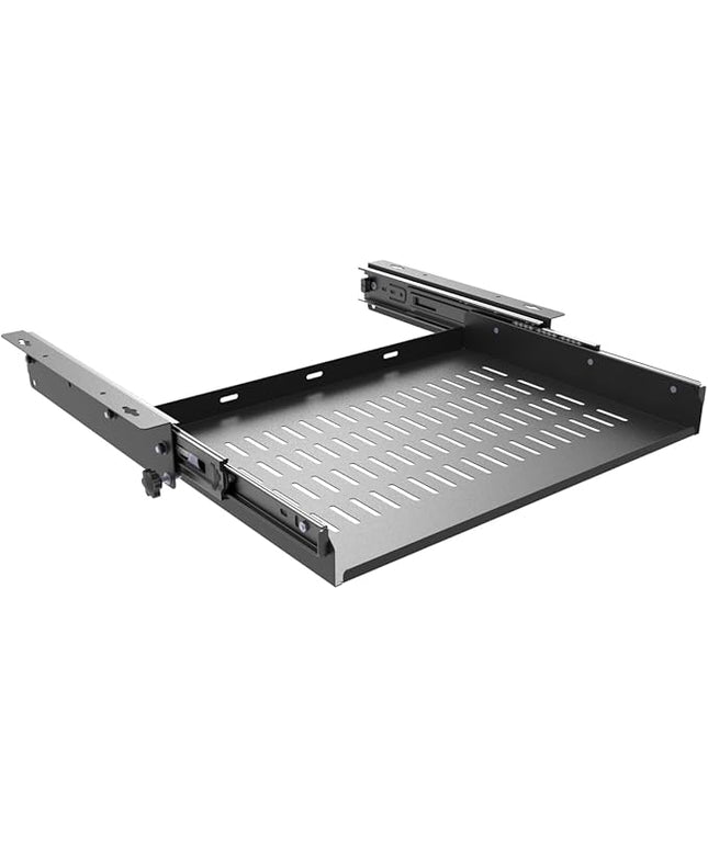 JINGCHENGMEI Sliding Under Desk Laptop Mount Shelf with Air Vents, W 16.3" x D 12" Metal Under Desk Slide Out Tray for Laptop (16 Inch Wide)