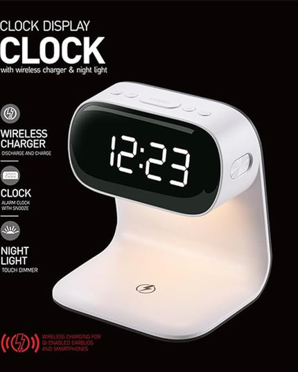 3in1 Multi-Functional Wireless Charging Alarm Clock Smart Night Light Qi Charger LED Digital Clock Adjustable Light 15W Fast Wireless Charging for All Qi Phone and TWS Headphone White