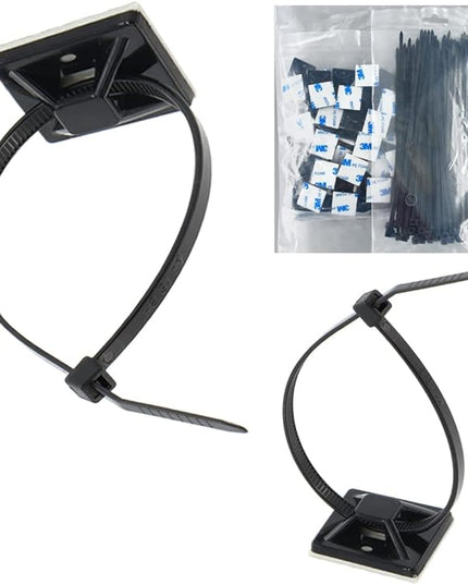 Strong Self Adhesive Wire Clips Cable Zip Tie Mounts 1" with 8 Inch Zipties Black UV Protection Outdoor 100 Pcs,Sticky Wire Fasteners Cable Guide Management Mounting Suqare Holder Anchor Base large