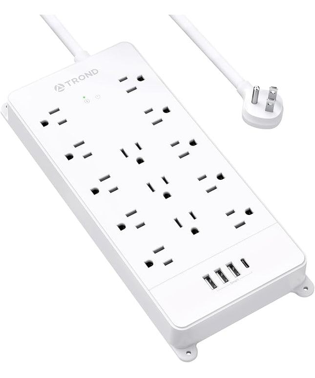 TROND Power Strip Surge Protector - White Extension Cord with USB Ports, 13 Widely-Spaced Outlets Expansion, 5ft, Flat Plug, Under Desk, Wall Mount, Heavy Duty, 4000 Joules, Office, Home, ETL Listed