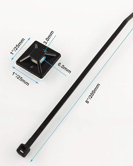 Strong Self Adhesive Wire Clips Cable Zip Tie Mounts 1" with 8 Inch Zipties Black UV Protection Outdoor 100 Pcs,Sticky Wire Fasteners Cable Guide Management Mounting Suqare Holder Anchor Base large