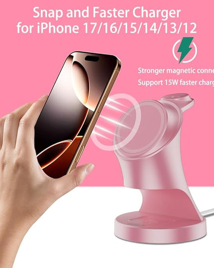 Wireless Charger,3 in 1 Magnetic Wireless Charger Stand, Fast Wireless Charging Dock for iPhone 17/16/15/14/13/12 Series, Apple Watch Series, AirPods Pro.