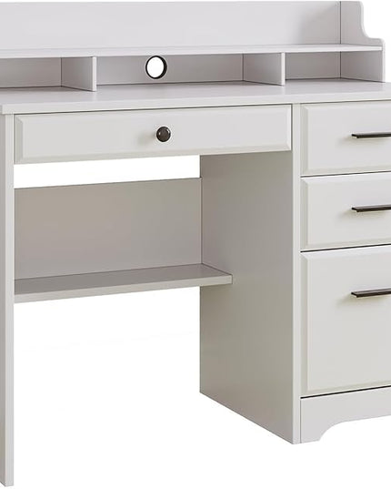 4 EVER WINNER White Desk with Drawers, Small Desk with File Drawer for Small Spaces, Writing Desk with Monitor Stand Wood Table for Study Home Office, White
