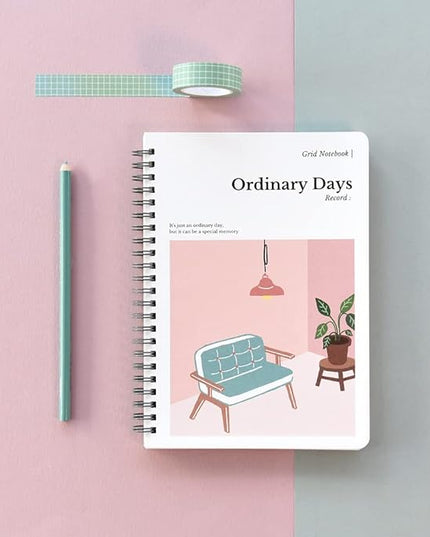 Monolike Ordinary days A5 Grid Spiral Notebook, Living room - Hardcover 5.83 x 8.27inch 128 Page,120GSM Thick paper