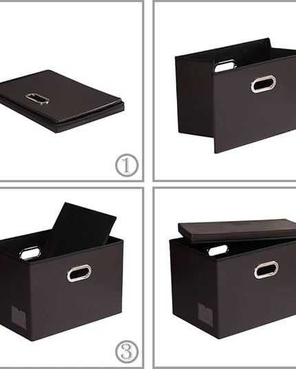 PRANDOM Large Collapsible Storage Bin with Lid [1-Pack] Leather Fabric Foldable Storage Box Organizer Containes Basket Cube with Cover for Home Bedroom Closet Office Nursery Brown (17.7x11.8x11.8)