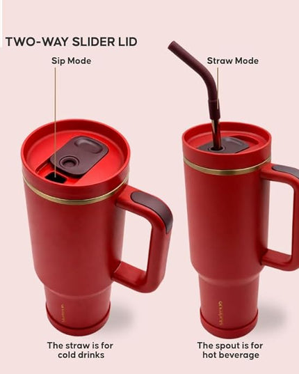 40oz Travel Tumbler Cup with Handle, Two-Way Slider Lid, Stainless Steel Straw with Silicone Tip, Vacuum Insulated Water Bottle for Hot & Cold Drinks, Great Gifts for Mom (Red Gold)