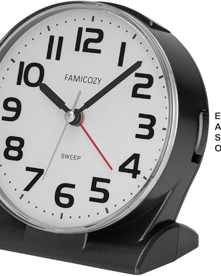 FAMICOZY 4.5" No Ticking Analog Alarm Clock,Silent Readable for Seniors,Easy to Set,Gradual Rise Alarm,Big Numbers,On/Off Switch on Side,Gentle Wake,Snooze Soft Backlight,Battery Operated,Black
