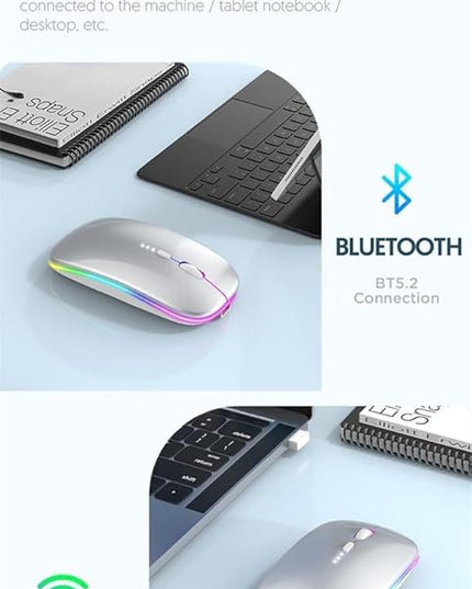 Wireless Bluetooth Mouse Rechargeable Laptop Mouse Portable LED Powered Display Computer Mice Use(BT5.2 or USB 2.4G) Dual Mode Connection Silent Slim Mice for Laptop Tablet/MacBook/PC (Silver)