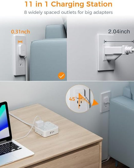 Flat Plug Long Extension Cord 25 Ft, TESSAN Power Strip Surge Protector with 8 Outlets 3 USB Ports (1 USB C), 900J Protection Desktop Charging Station for Home, Office, Dorm Room Essentials