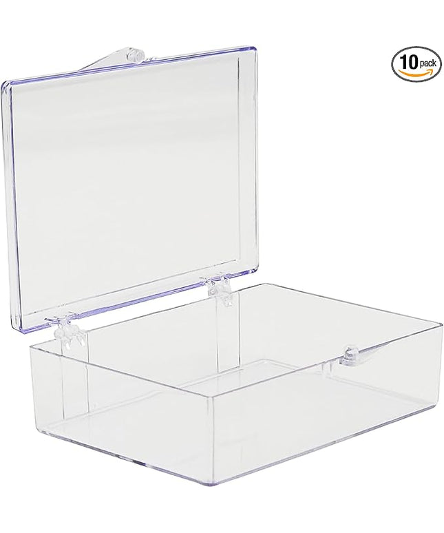 10-Pack Clear Hinged Plastic Containers, Keepsake Storage Boxes, 3 1/2" L x 2 9/16" W x 1" H, Made in USA, Plastic Display Case or Small Box for Storage and Organization