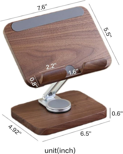 Adjustable Tablet Stand for Desk - Walnut Wood Portable Tablet Holder with Customizable Height & Angle, Sturdy Dock for iPad Pro/Air/Mini, Kindle, E-Reader, Phone & Small Laptops (Home/Office Use)
