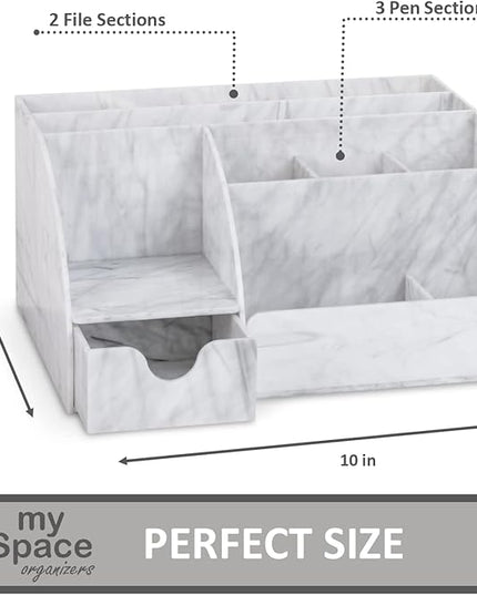 My Space Organizers Marble Desk Organizer For Office Supplies And Accessories - 9 Sections - Pencil Pen Holder Storage - Desktop Organization Decor Essentials (White Grey Marble)