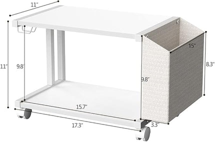 VEDECASA 2 Tier Modern White Wooden Under Desk Printer Stand with Storage Bag for Home Office Desktop Printer Table Organizer Mobile Printer Shelf Cart with Caster Wheel (White)