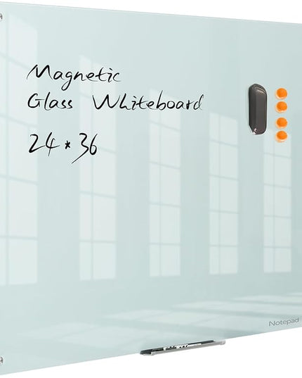 Glass Whiteboard Magnetic Dry Erase Board - Frameless Glass White Board 36 x 24 Inches, Wall Mounted, Office, Home & School