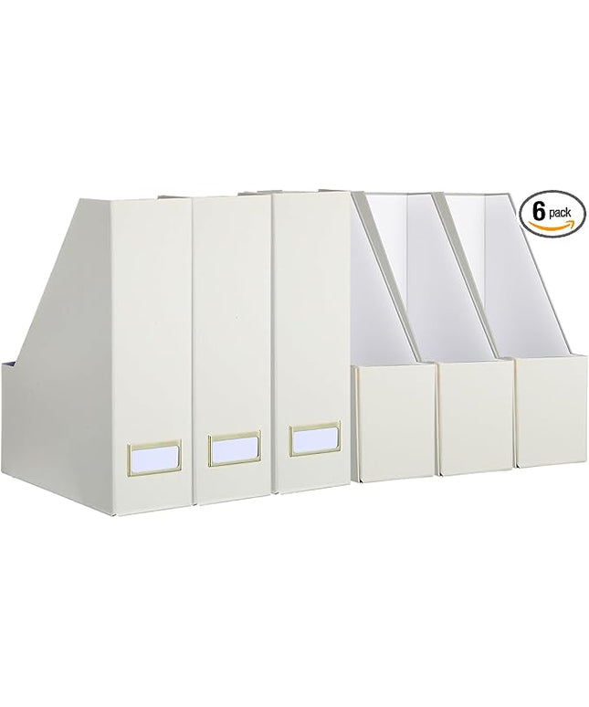 Gueevin Set of 6 Magazine File Holder Stylish Sturdy Cardboard File Boxes Desk Magazine Organizer Rack with Gold Label Holder to Organize Your Desk or Shelves for Home Classroom Office Library(Beige)