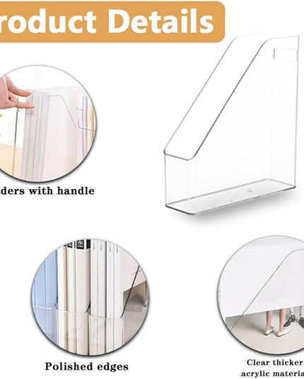 2 Pack Clear Acrylic Magazine File Holder Plastic Desk Organizer with Handle, Acrylic Vertical File Folder Bin Storage File Folders Magazine Rack Document Storage Organizer for Home Office