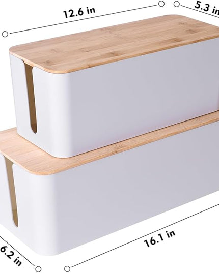 2 Pack Large Cable Management Box – Wooden Style Cord Organizer and Cover for TV Wires, Computer, Router, USB Hub and Under Desk Power Strip – Safe ABS Material and Baby-Pets Proof Lock (White)