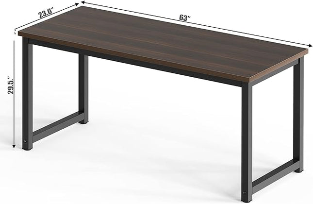 NSdirect Large Office Desk for Home Office, Large 63” Computer Desk Table, Wide Writing Study Desk for 2 Person, Metal Sturdy Frame Thicker Steel Legs, Black Chocolate