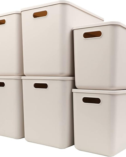 Plastic Storage Baskets With Lid Organizing Container Lidded Knit Storage Organizer Bins for Shelves Drawers Desktop Closet Playroom Classroom Office (4XL+2L, Light grey)