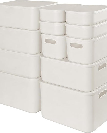 ANMINY 12PCS Plastic Storage Bins Containers with Lids, Large White Storage Organization Bins Boxes, Lidded Plastic Storage Baskets for Closet Shelves Drawers Desktop Home Office, White