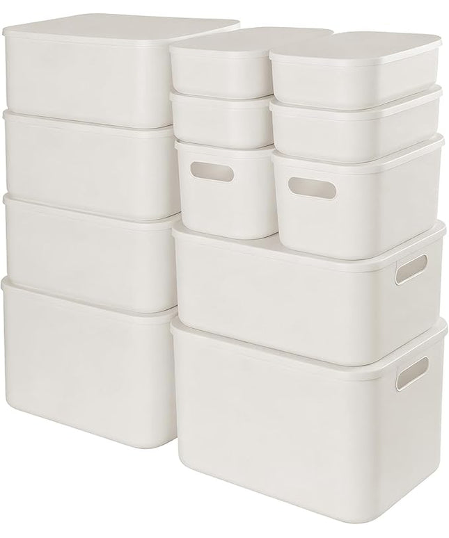 ANMINY 12PCS Plastic Storage Bins Containers with Lids, Large White Storage Organization Bins Boxes, Lidded Plastic Storage Baskets for Closet Shelves Drawers Desktop Home Office, White