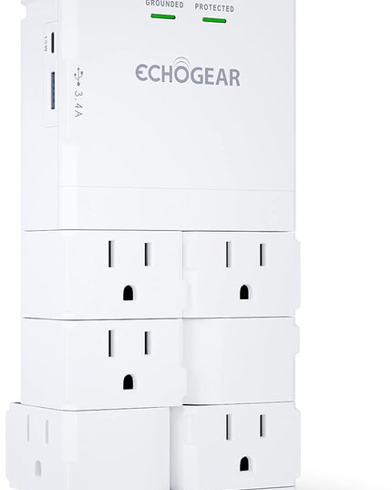 ECHOGEAR Wall Outlet with USB Ports & Surge Protection - Power Protect 8 Devices 6 Rotating AC Plugs 2 Includes 1x USB-C Port USB-A White