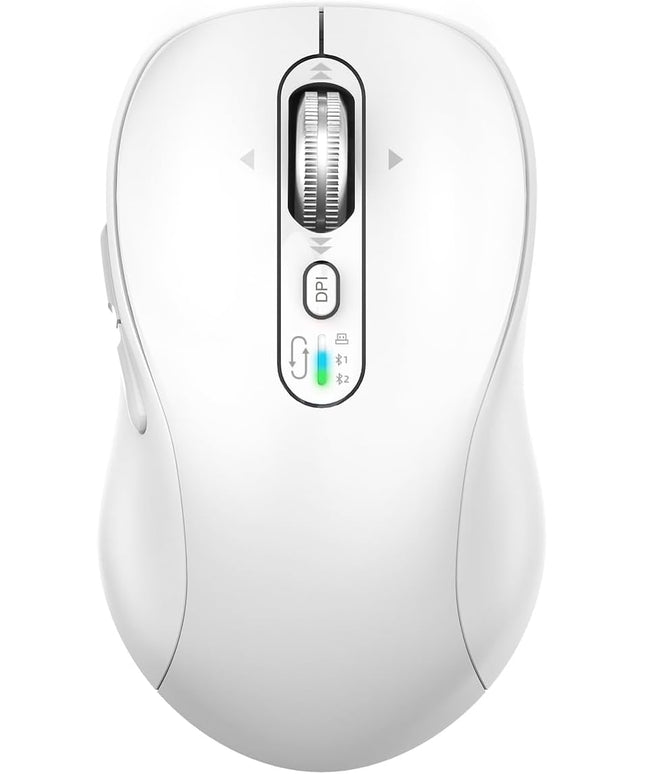 Wireless Bluetooth Mouse Rechargeable,USB+BT×2,Multi Device Quiet Ergo Computer Mouse,Metal 4-Way Super Scrolling,± 3200 DPI,10 Button,Plug&Play,Cordless Mice for Laptop,Tablet,Mac,iPad,PC,Phone-White