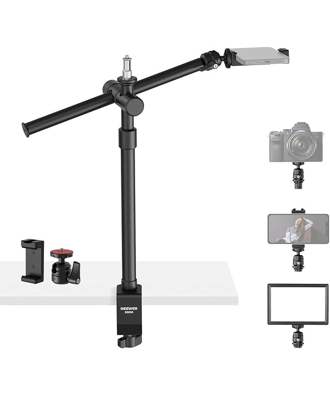 NEEWER Overhead Camera Desk Mount with Swivel Boom Arm, 1/4" Ball Head, Phone Holder & C Clamp, 22"/55.5cm Adjustable Webcam Mic Stand for LED Light Microphone Streaming Zoom Video Recording, DS024