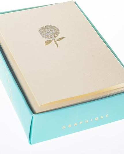 Graphique Hydrangea La Petite Presse Boxed Notecards - 10 Embellished Gold Foil Blank Cards with Matching Envelopes and Storage Box, 3.25" x 4.75" (L1346CB)