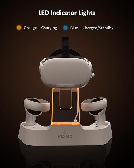 NexiGo Enhanced Charging Dock with LED Light [On/Off] for Oculus Quest 2, [Support Elite Strap with Battery], Headset Display Holder and Controller Mount, 2 Rechargeable Batteries, USB-C Charger