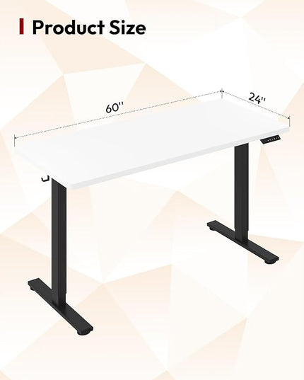 SANODESK Electric Standing Desk 60 x 24 Inches Whole-Piece Desktop Height Adjustable Stand Up Desk w/6-Button Controller Ergonomic Computer Desk for Home Office, Black Frame + White Tabletop