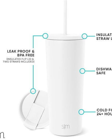 Simple Modern Insulated Tumbler with Lid and Straw | Iced Coffee Cup Reusable Stainless Steel Water Bottle Travel Mug | Gifts for Women Men Her Him | Classic Collection | 24oz | Winter White