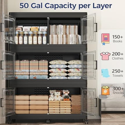 250Gal Stackable Storage Bins with Lid, 1000Qt Extra Large Collapsible Storage Box with Wheels, Dividers, Folding Plastic Cabinet Closet Organizers for Home Kitchen Office Dorm, 5Pack Black