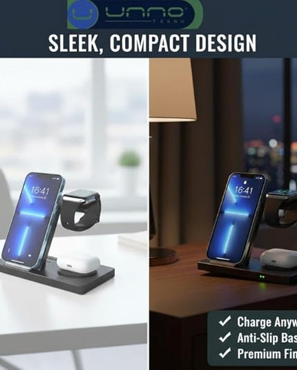 UNNO 3-in-1 Magnetic Wireless Charging Station with Fast Charge | Compatible with iPhone 15/14/13/12, Apple Watch (All Series), AirPods Pro 3/2 | Desktop Stand for Home & Office