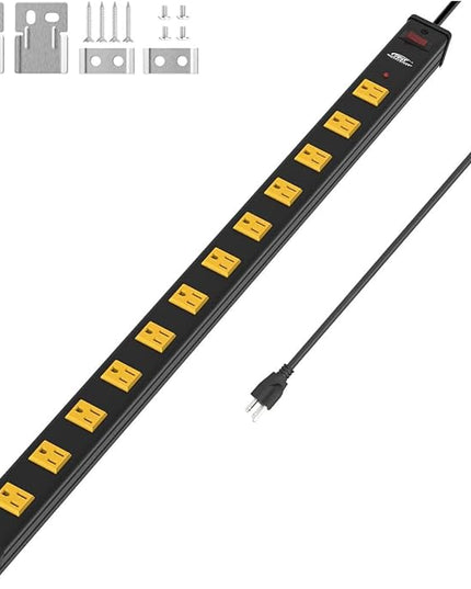 CRST 12-Outlet Metal Long Power Strip, Heavy Duty 1800 Joule Surge Protector Wall Mount Power Strip, 6FT Wide Spaced Workshop Garage Industrial Power Bar, 15A Circuit Breaker, ETL Listed