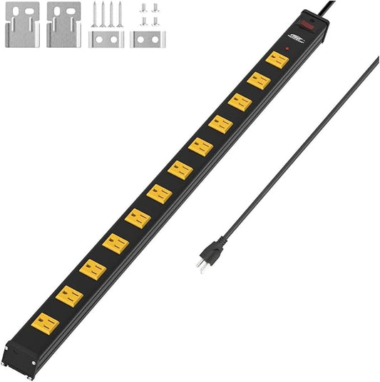 CRST 12-Outlet Metal Long Power Strip, Heavy Duty 1800 Joule Surge Protector Wall Mount Power Strip, 6FT Wide Spaced Workshop Garage Industrial Power Bar, 15A Circuit Breaker, ETL Listed