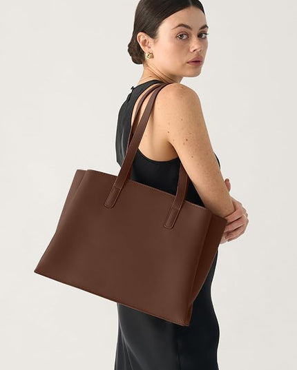 Work Tote Bags for Women 14 Inch - Work Bag Laptop Bag with Zip Compartments - Large PU Leather Office Computer Briefcase