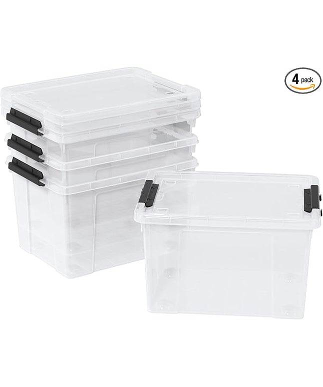 Zopnny 4-Pack Christmas Storage Totes with Lids 24-Quart, Holiday Organizer, Plastic Stackable Storage Boxes for Home,Office,Garage,Basement, Clear