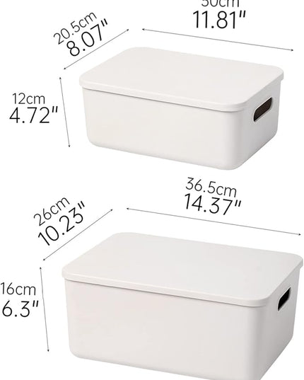 Plastic Storage Baskets With Lid Organizing Container Lidded Knit Storage Organizer Bins for Shelves Drawers Desktop Closet Playroom Classroom Office (4M+2S, Light grey)