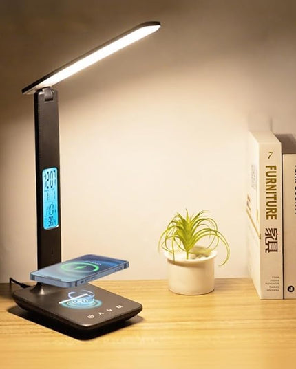 IHAO Multi-Functional Desk Lamp 10W Qi Wireless Charger 3 Color Modes 5 Brightness Levels Eye-Caring LED Light Faux Leather Finish Calendar Temperature Display Office Table Lamp TX26 Black