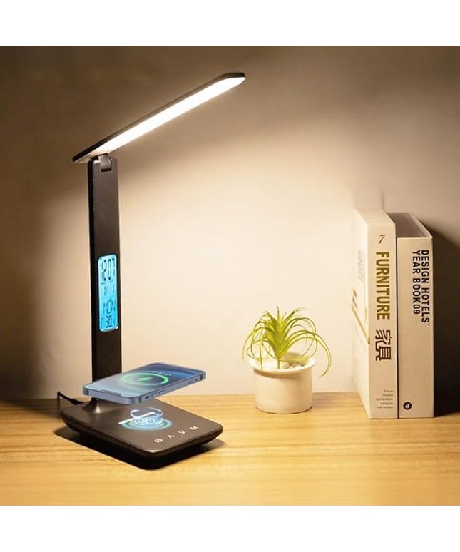 IHAO Multi-Functional Desk Lamp 10W Qi Wireless Charger 3 Color Modes 5 Brightness Levels Eye-Caring LED Light Faux Leather Finish Calendar Temperature Display Office Table Lamp TX26 Black