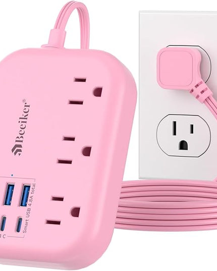 6 USB(3 USB C) Pink Power Strip- 5Ft Extension Cord with 6 USB Charging Station 24W/4.8A and 3 Outlets, Desk Accessories for Cruise Travel Pink Cute Kawaii College Dorm Desk Home Essentials