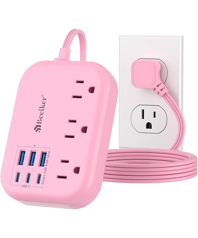 6 USB(3 USB C) Pink Power Strip- 5Ft Extension Cord with 6 USB Charging Station 24W/4.8A and 3 Outlets, Desk Accessories for Cruise Travel Pink Cute Kawaii College Dorm Desk Home Essentials