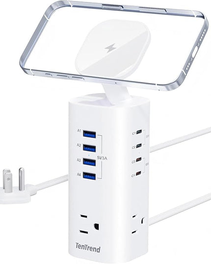 Power Strip Tower Surge Protector, TenTrend Flat Plug Extension Cord with 3AC Outlets & 8 USB Ports(4 USB-C), 115W Fast Charging Station for Home, Office Supplies, Dorm Room