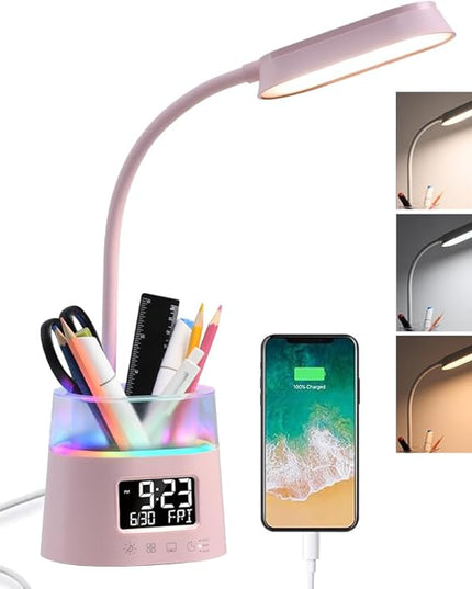 WILIT LED Desk Lamp for College Dorm Room Essentials, Students Study Lamp with Charging Station, Pen Holder, Clock & RGB Night Light, Office Desk Accessories, Table Lamp for Bedroom - Pink