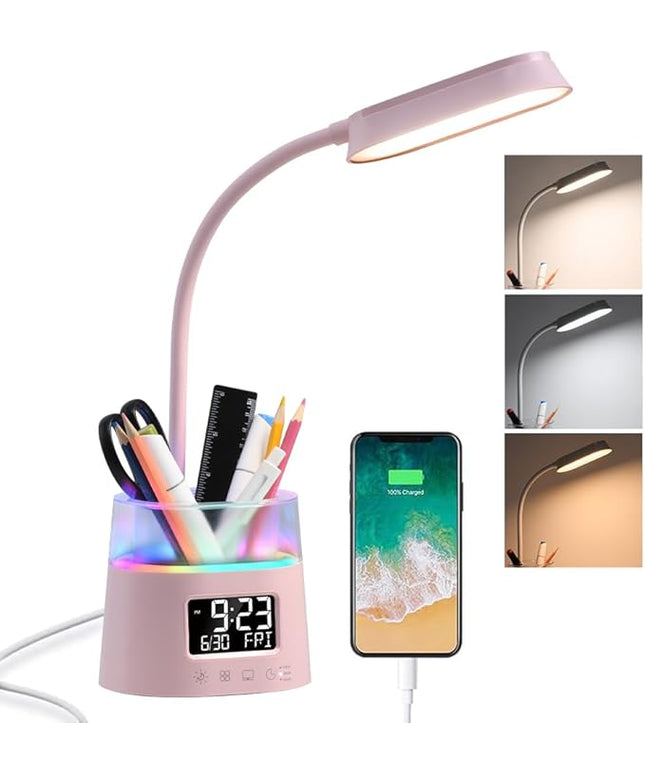 WILIT LED Desk Lamp for College Dorm Room Essentials, Students Study Lamp with Charging Station, Pen Holder, Clock & RGB Night Light, Office Desk Accessories, Table Lamp for Bedroom - Pink