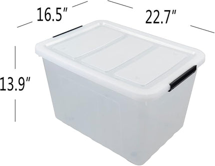 4-Pack Clear Large Plastic Storage Box with Wheels, 70 L Latching Storage Box