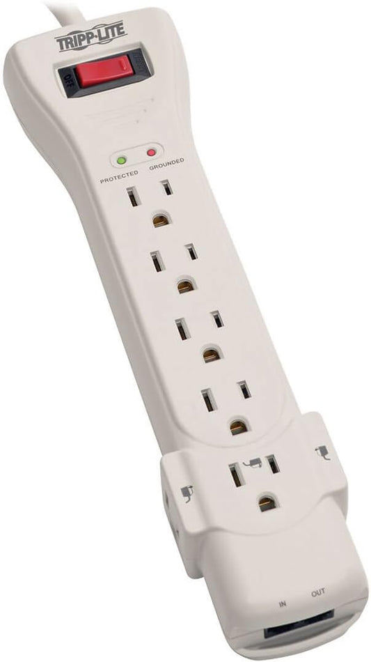 Tripp Lite 7 Outlet Surge Protector Power Strip, 7ft, Right-Angle Plug, Fax/Modem Protection, RJ11, $75,000 Insurance (SUPER7TEL), Gray, 10.3" x 2.8" x 1.5"